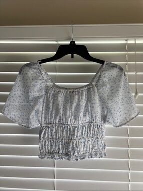 Hollister White Crop Top with Light Blue Floral Print and Smocked Waist Size XS